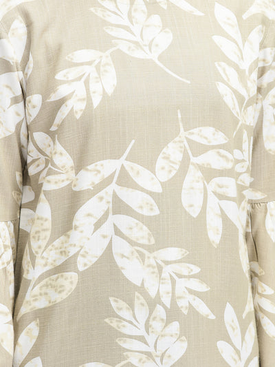 Beige Floral Knee Length Dress