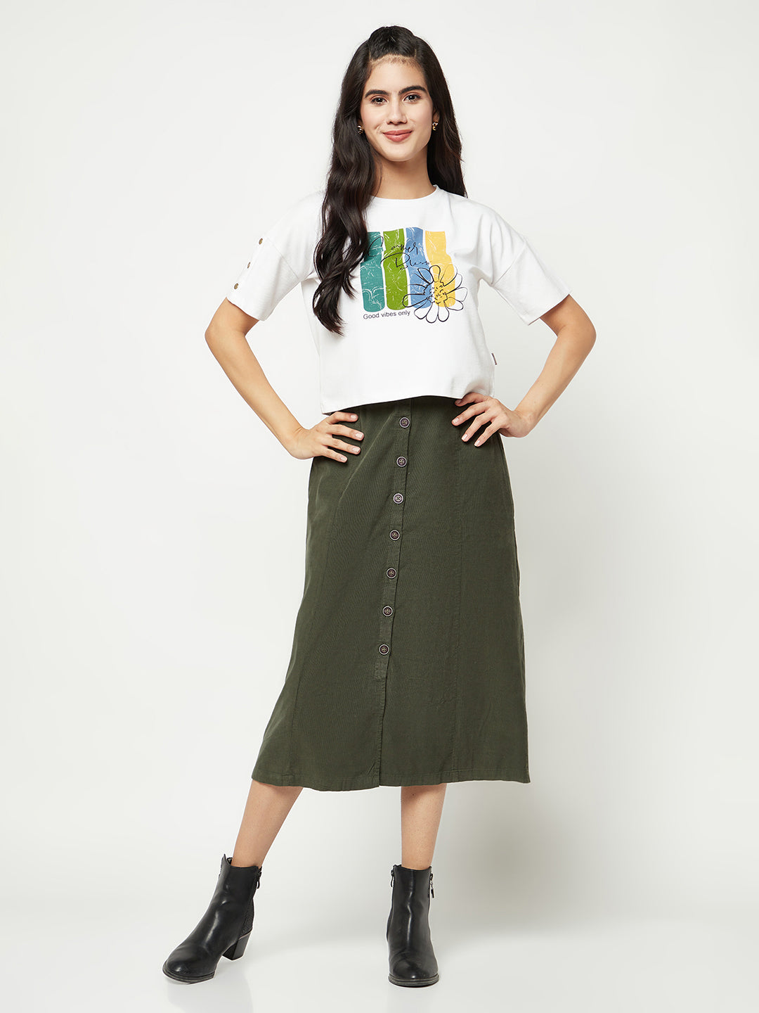  Olive Corduroy A-Line Skirt