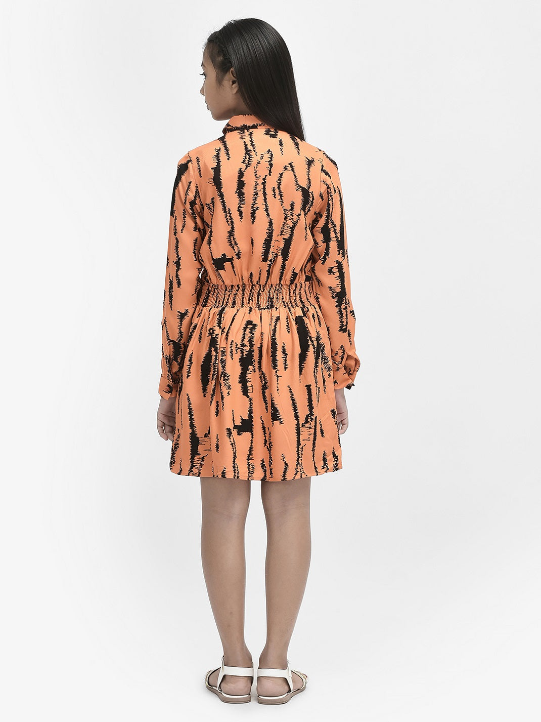Orange Printed Dress With Shirt Collar