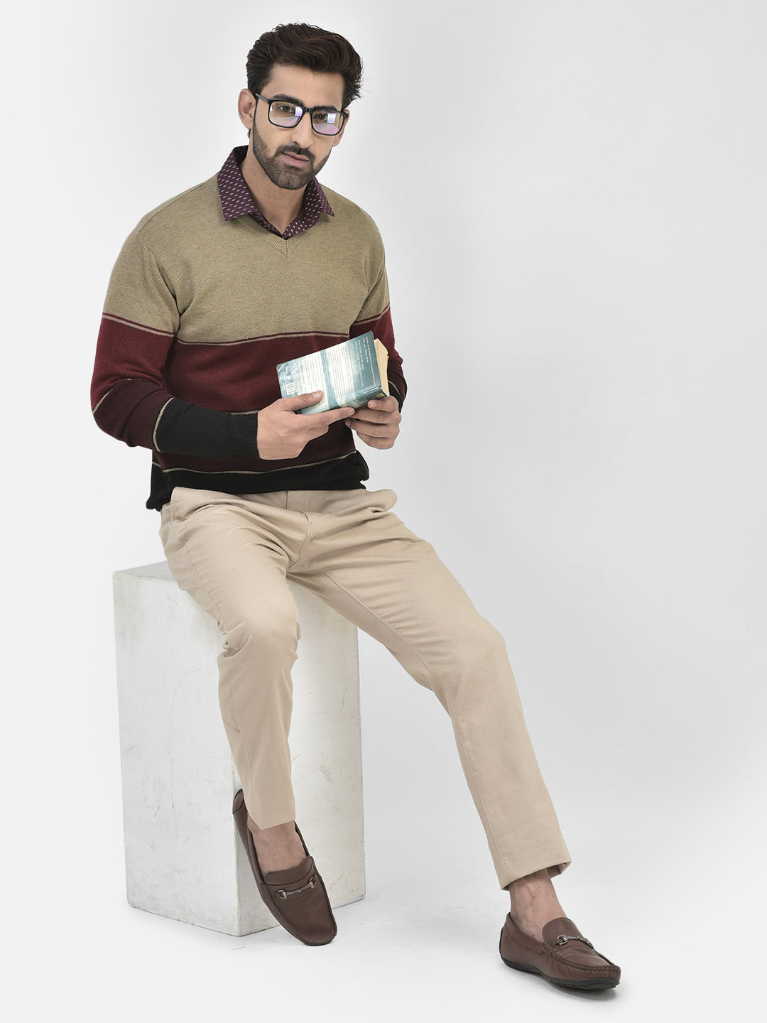 Brown Colourblocked V-Neck Sweaters.