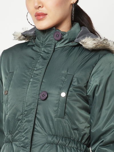 Green Puffer Jacket With Faux Fur