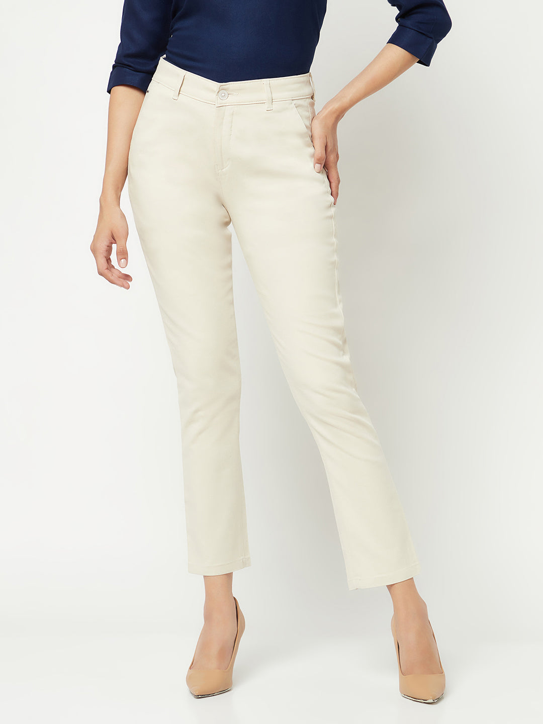  Cream Slim Cotton Trousers