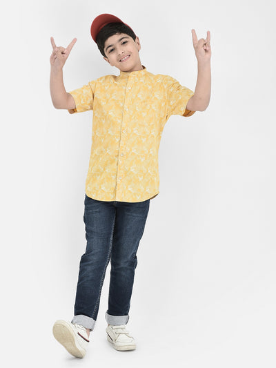  Yellow Floral Mandarin Neck Shirt