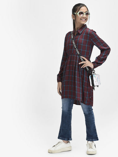  Wine Checked Shirt Dress