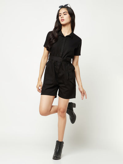  Black Shirt Collar Jumpsuit With Belt