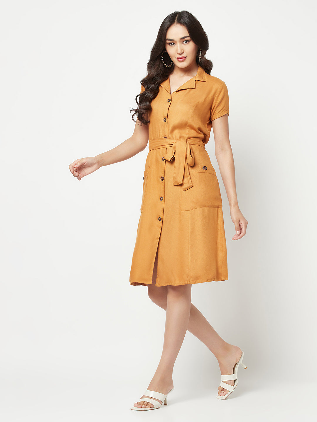  Mustard Tie Belt Shirt Dress