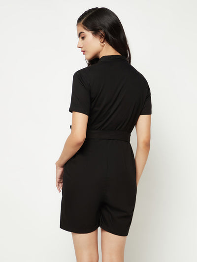  Black Shirt Collar Jumpsuit With Belt