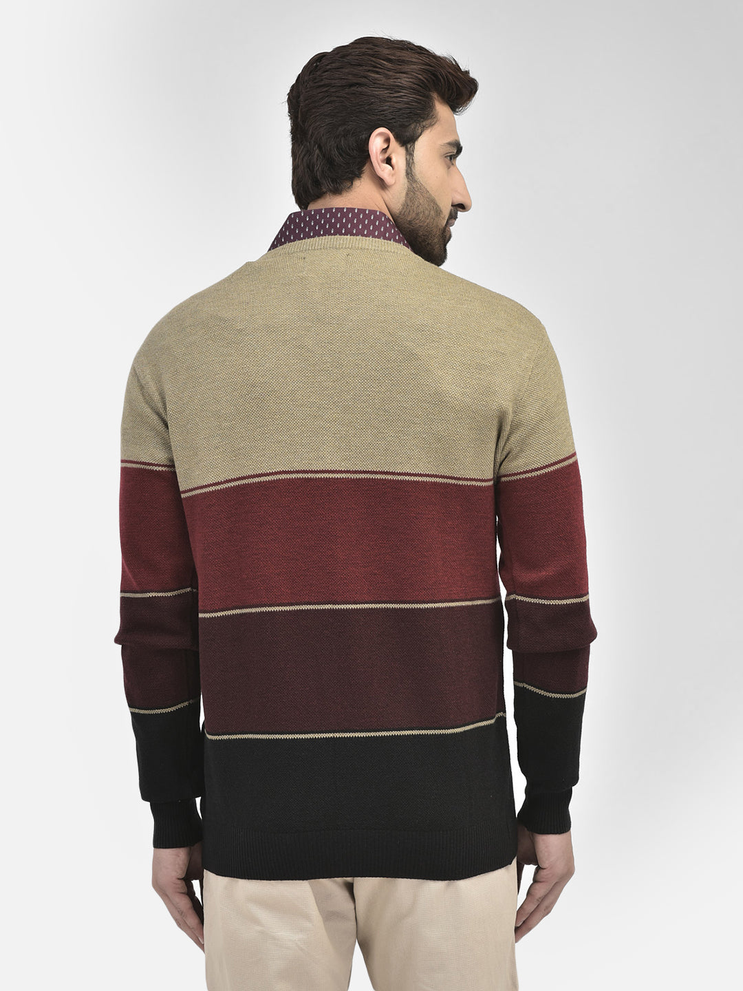 Brown Colourblocked V-Neck Sweaters.