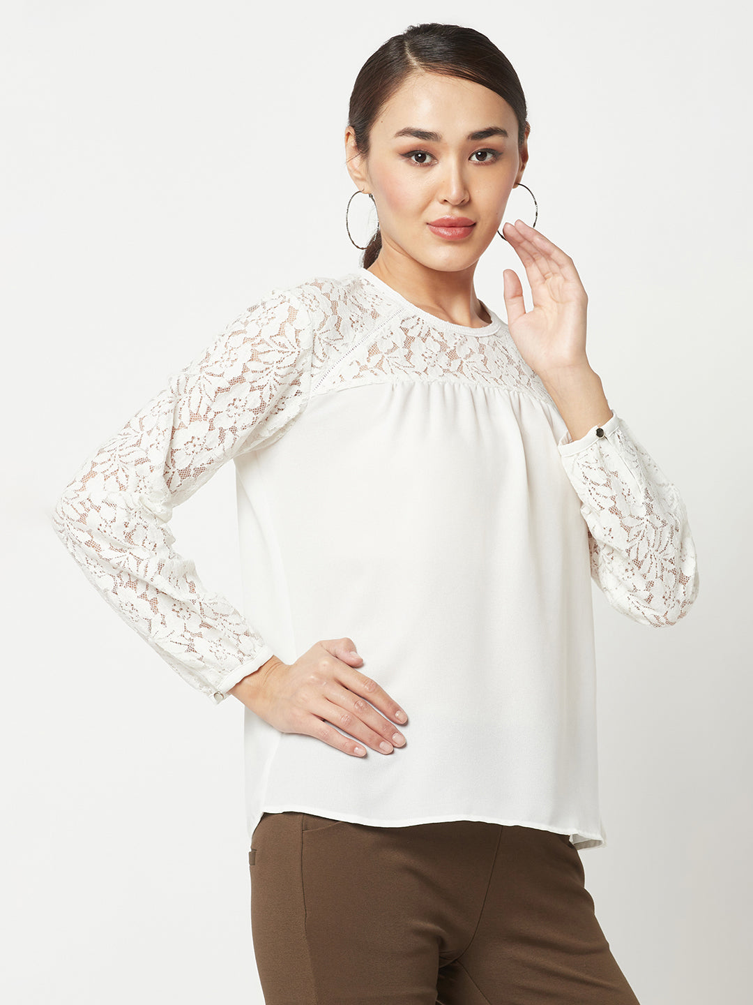  White Floral Self Design Top