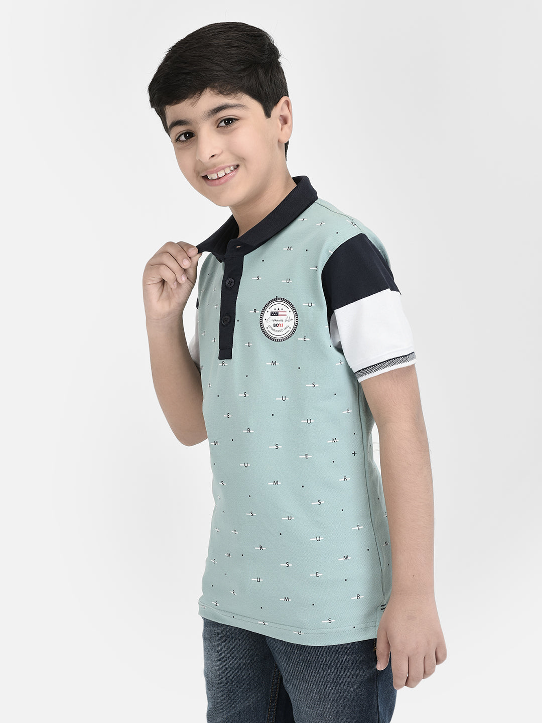  Blue Polo Neck Printed T-shirt