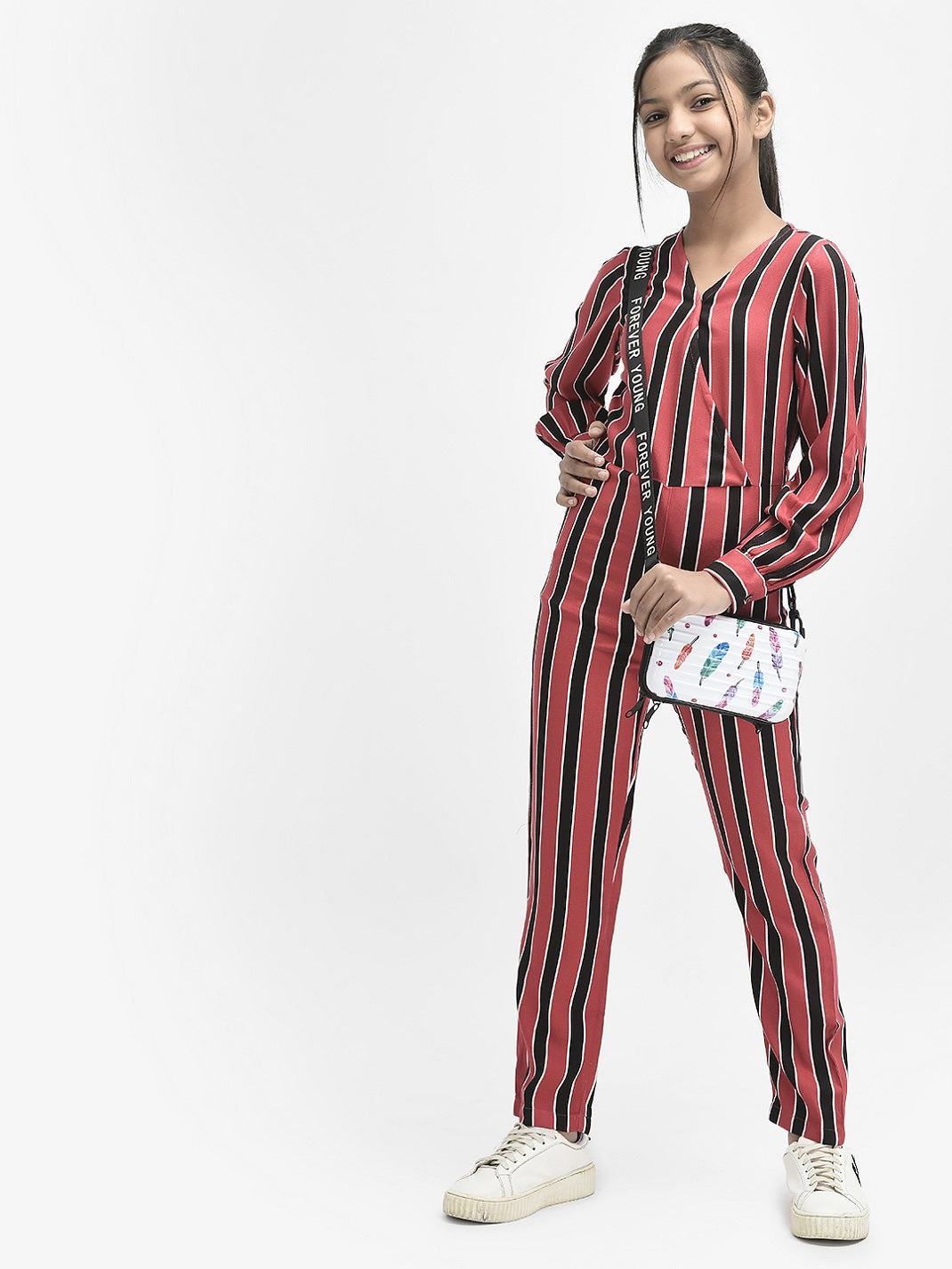  Pink Striped V-Neck Jumpsuit
