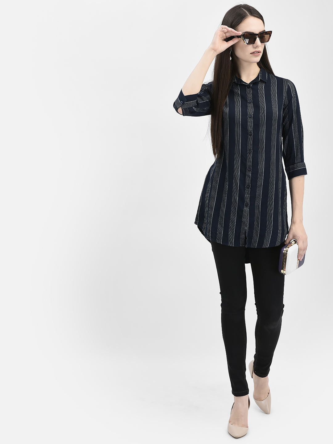 Vertical Striped Navy Blue Longline Shirt