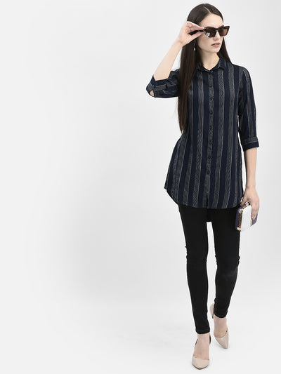 Vertical Striped Navy Blue Longline Shirt