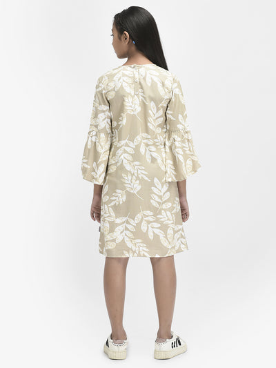 Beige Floral Knee Length Dress