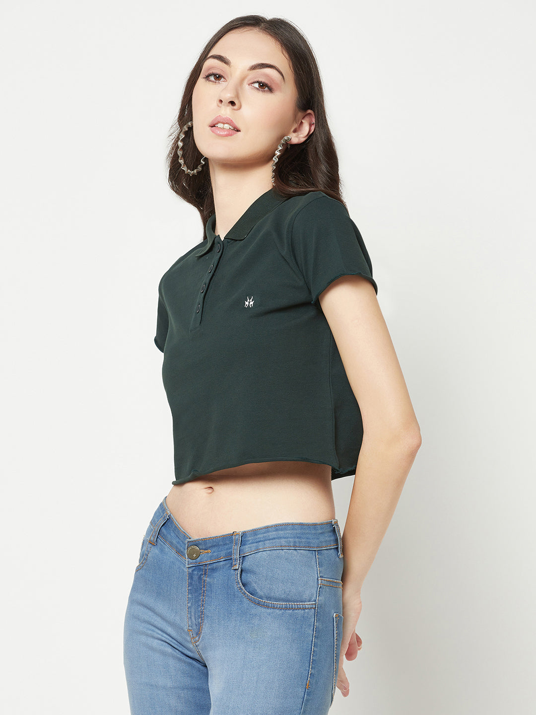 Green Cropped Cotton Polo T-shirt