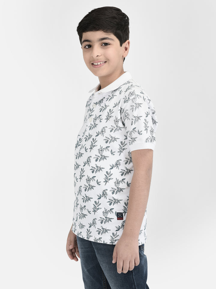  White Polo Neck Floral T-shirt