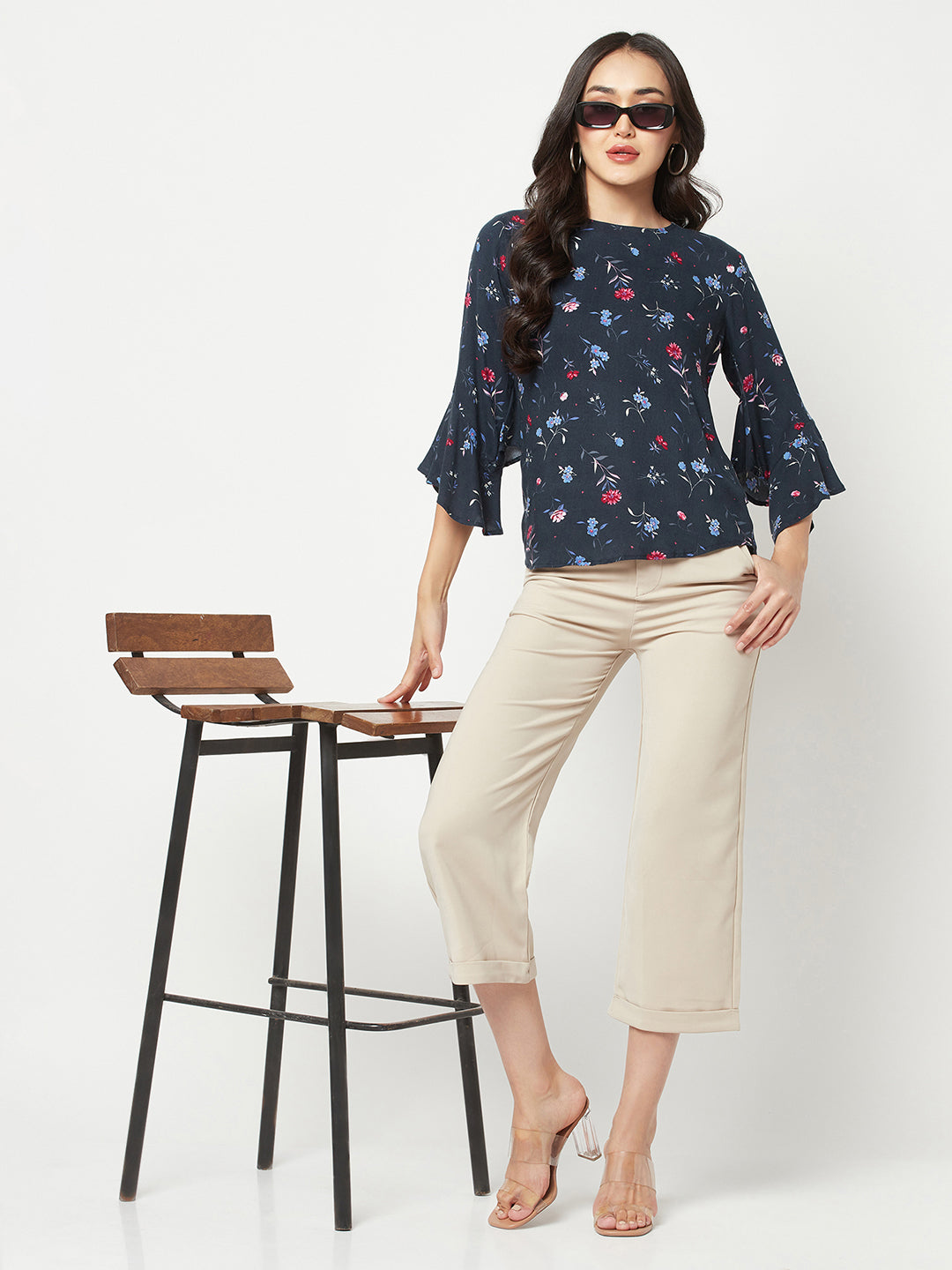 Navy Blue Floral Printed Top