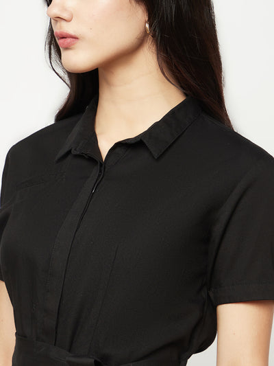  Black Shirt Collar Jumpsuit With Belt