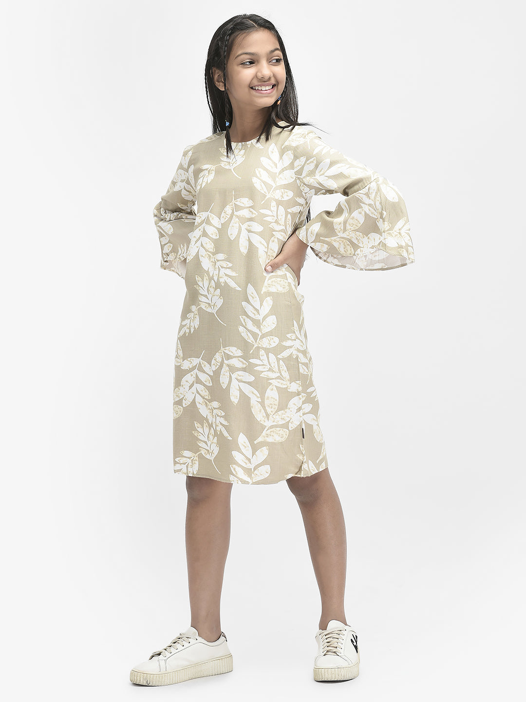 Beige Floral Knee Length Dress
