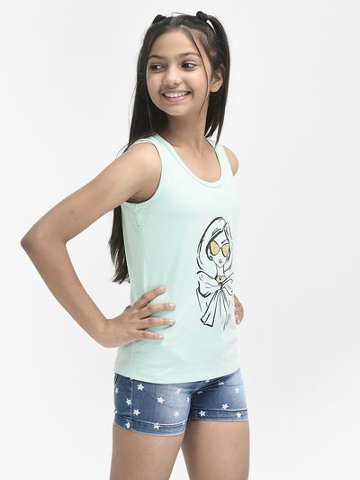  Mint Green Printed Sleeveless Tshirt