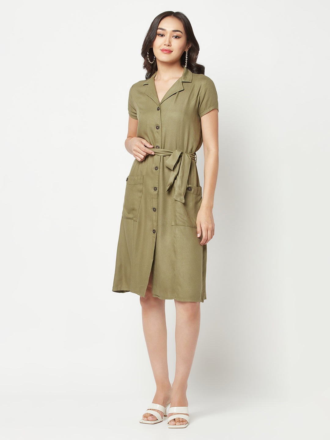  Olive Tie Belt Shirt Dress