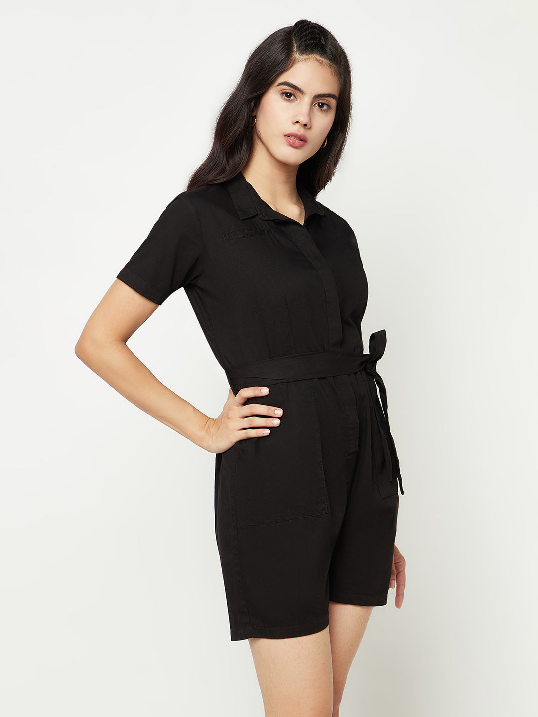  Black Shirt Collar Jumpsuit With Belt