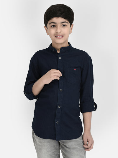 Navy Blue Mandarin Neck Denim Shirt