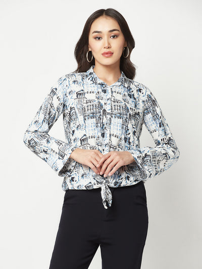 White Printed Shirt with Knot detail