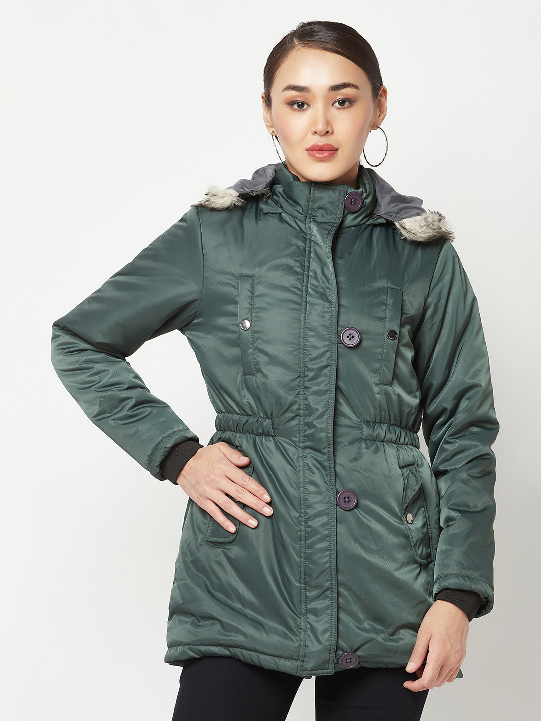 Green Puffer Jacket With Faux Fur