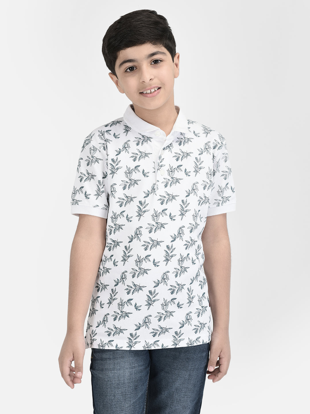  White Polo Neck Floral T-shirt