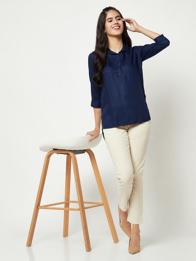  Navy Blue Top With Shirt Collar