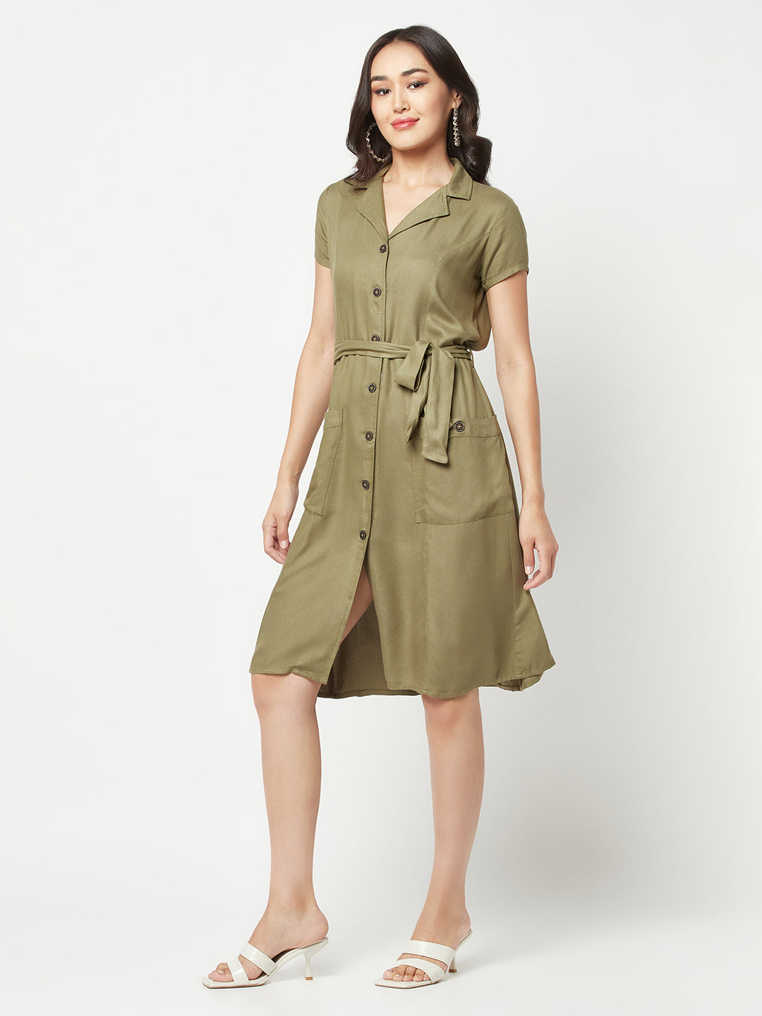  Olive Tie Belt Shirt Dress