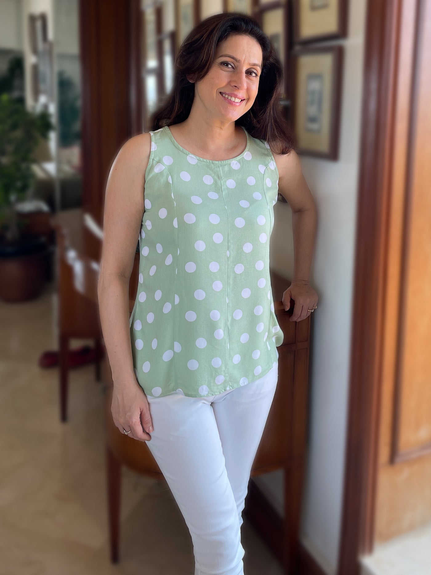 Mint Green Polka Dots Printed Tank Top - Women Tops